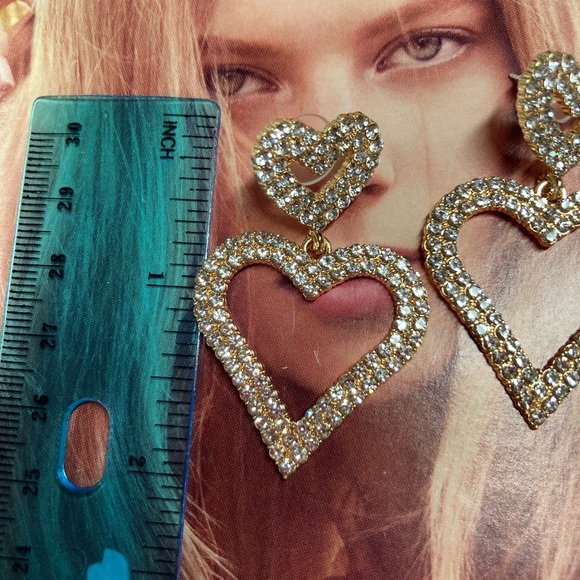 Gold Tone Rhinestone Heart Earrings - Picture 5 of 5